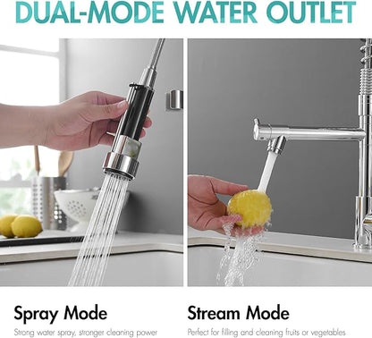 AIMADI Chrome Kitchen Faucet with Pull Down Sprayer,Dual Spout Design Modern Stainless Steel High Arc Kitchen Sink Faucet for Farmhouse Camper Laundry Rv Bar
