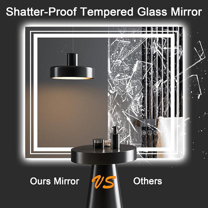LED Bathroom Mirror, 40"X36" with Front and Backlit, Anti-Fog, Bathroom Vanity Mirror for Wall, Memory Function, Stepless Dimmable, Tempered Glass (Horizontal/Vertical)