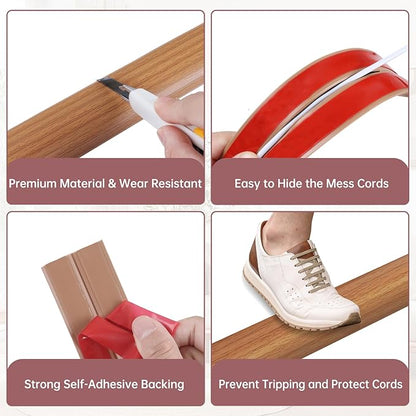 Floor Cord Cover Self Adhesive Cord Hider Floor Extension Cord Covers for Floor Power Cord Protector Cable Management Prevent Cable Trips Cable Cavity 0.59" W x 0.31" H (Light Brown Wood, 10Ft)