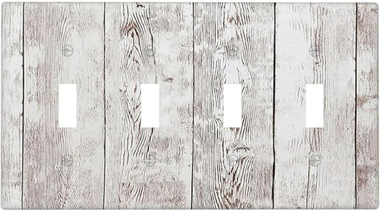 Light Switch Covers Rustic Vintage White Wood Grain Quad Toggle Electrical Faceplate 4 Gang Wall Plate Decorative Switch Plates for Farmhouse Home Decor