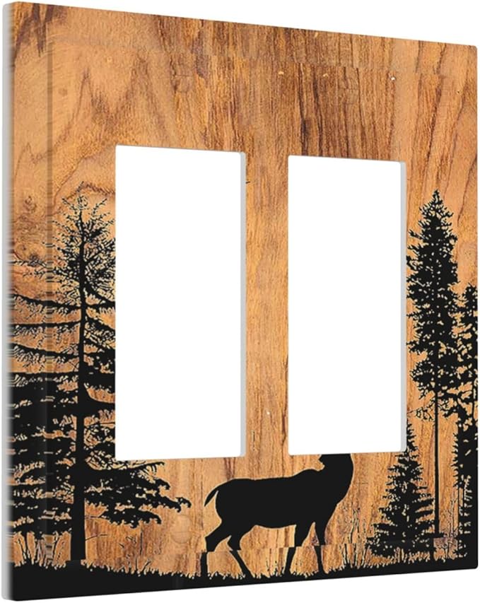 Decorative Outlet Covers Rustic Farmhouse Orange Brown Pine Tree Deer Wood Grain 2 Gang Double GFCI Rocker Electrical Wall Panels Light Switch Cover Plate for living Room Cabin Decor