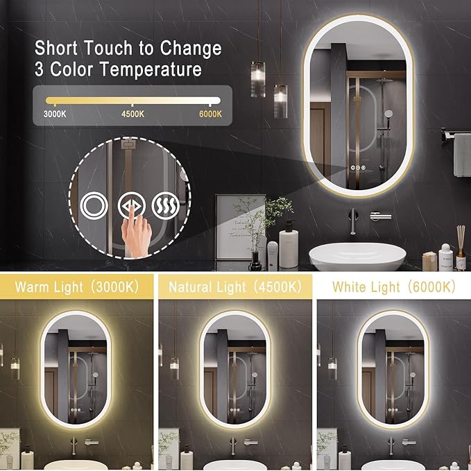 LED Mirror for Bathroom, 24x40 Inch Vanity Mirror with Lights，Anti-Fog Oval Bathroom Mirror, 3 Colors and Stepless Dimmable Wall Mounted Makeup Mirror with Metal Frame
