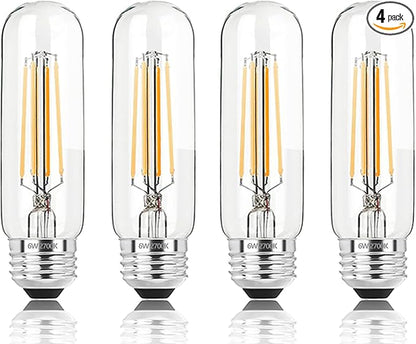 5 Inch Edison Bulb, 2700K Soft White E26 Led Bulb 6W Dimmable, 800LM T10/T9 Clear Glass Tubular Light Bulbs, AC 120V Equal 80 Watt Bulbs for Chandelier Pendant Wall Light - 4Pack