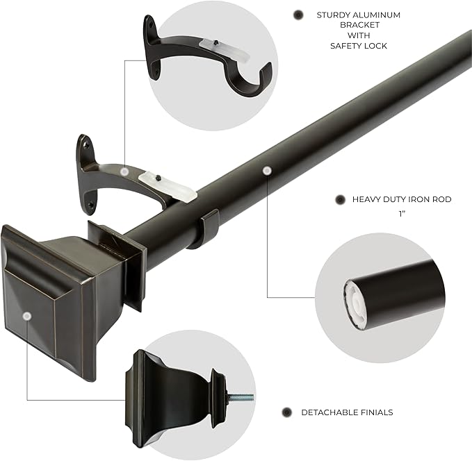 Deco Window Adjustable Curtain Rod for Windows 18 to 44 Inch (Pack of 1) Extendable Heavy Duty 1 Inch Iron Drapery Pole with Finials Wall Mounted French Door Curtain Rods (Bronze)