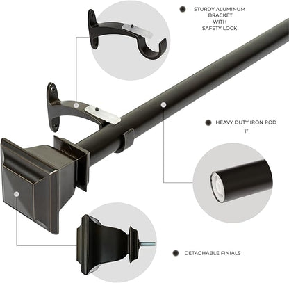 Deco Window Adjustable Curtain Rod for Windows 18 to 44 Inch (Pack of 1) Extendable Heavy Duty 1 Inch Iron Drapery Pole with Finials Wall Mounted French Door Curtain Rods (Bronze)