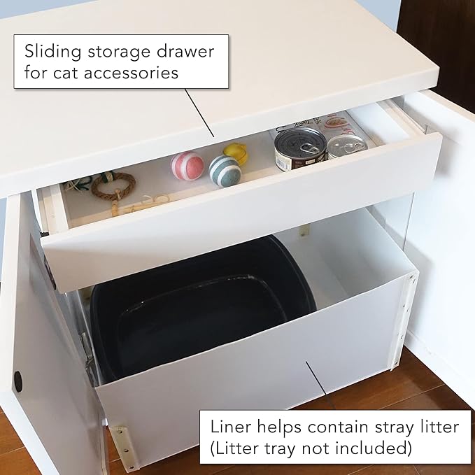 THE REFINED FELINE Cat Litter Box Enclosure Cabinet, Cottage, White, Square Feet, XLarge, Hidden Litter Cat Furniture with Drawer