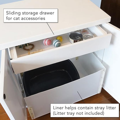 THE REFINED FELINE Cat Litter Box Enclosure Cabinet, Cottage, White, Square Feet, XLarge, Hidden Litter Cat Furniture with Drawer