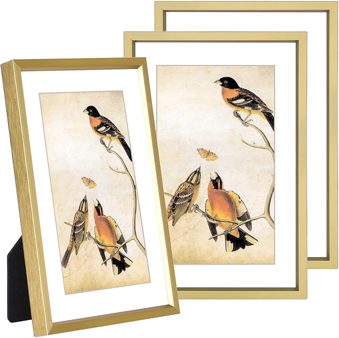 5x7 Picture Frame Set of 3, Brass Metal Photo Frames with HD Glass, Fits 4x6 with Mat or 5x7 without Mat, Wall Hanging and Table Display