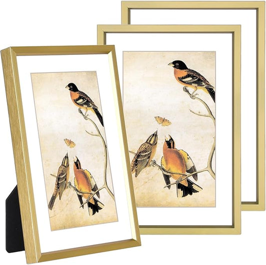 4x6 Picture Frame Set of 3, Brass Metal Photo Frames with HD Glass, Fits 3x5 with Mat or 4x6 without Mat, Wall Hanging and Table Display