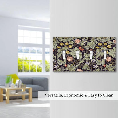 Boho William Morris Floral Green Leaves Flower Light Switch Covers Quad Toggle Electrical Faceplate 4 Gang Wall Plate Decorative Switch Plates Cover for Farmhouse Home Decor