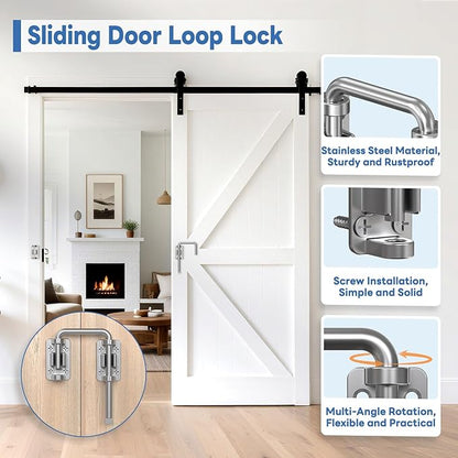 Sliding Door Loop Lock, 90/180 Degree Stainless Steel Patio Door Latch for Sliding Barn/Single/Double Opening Gate, Shed, Closet, Window, Fence - Home Security Loop Latch (Silver-1PC)