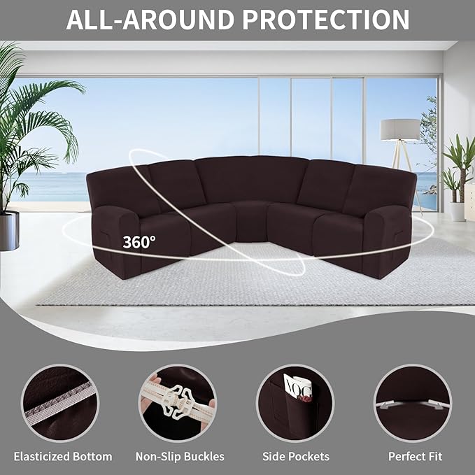 Easy-Going 100% Waterproof Recliner Cover, Stretch Couch Covers for Reclining Couches, Extra Large Sectional Sofa Slipcover, L-Shape Furniture Protector for Kids & Pets, 5 Seater, Chocolate