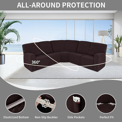 Easy-Going 100% Waterproof Recliner Cover, Stretch Couch Covers for Reclining Couches, Extra Large Sectional Sofa Slipcover, L-Shape Furniture Protector for Kids & Pets, 5 Seater, Chocolate
