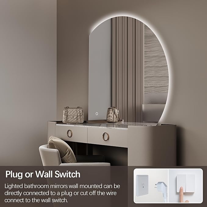 Niccy Half Moon LED Mirror for Bathroom, 28" Semi Backlit Frameless Makeup Mirror with Light, Anti-Fog, Shatter-Proof, 3 Colors, Smart Vanity Mirror