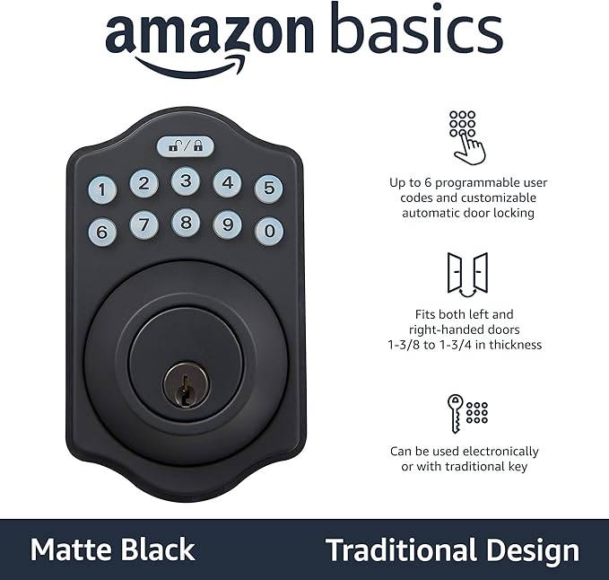 Amazon Basics Keyless Entry Door Lock Deadbolt - Traditional Electronic Keypad (Pack of 6) Matte Black with Key Option