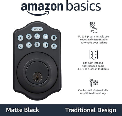 Amazon Basics Keyless Entry Door Lock Deadbolt - Traditional Electronic Keypad (Pack of 6) Matte Black with Key Option