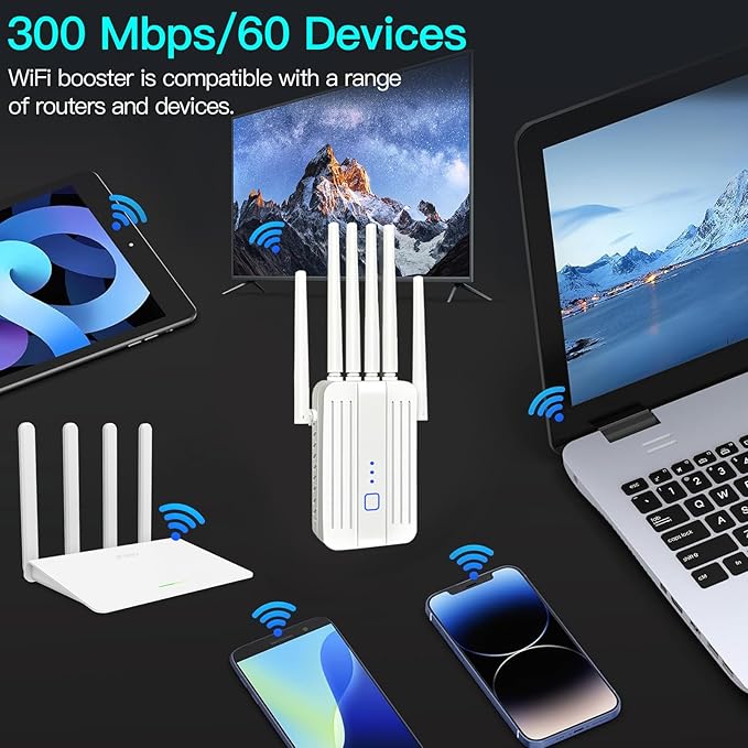 WiFi Extender Signal Booster with 6 Antennas, WiFi Extender with Ethernet Port, WiFi Booster Up to 10000 Sq.ft, WiFi Repeater, More Devices, Internet Extender WiFi Booster for Home, White