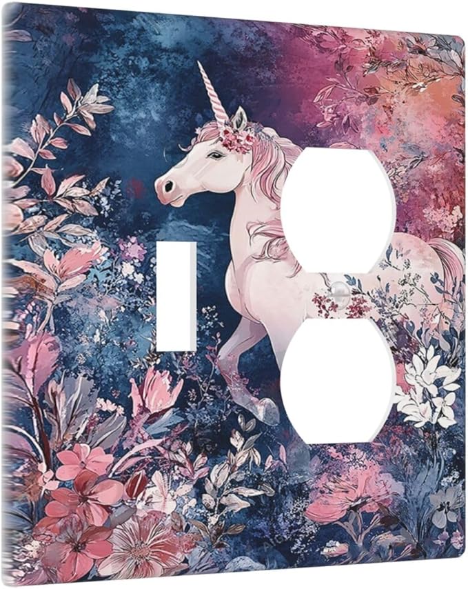 Outlet Covers Fantastic Pink Unicorn Wildflower Forest 1 Toggle 1 Duplex Switch Plate Covers Electrical Light Switch Cover Plate Decorative Wall Plate Socket Cover for Bedroom Kids room Decor