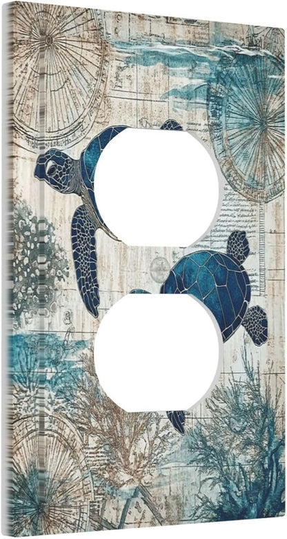 Blue Green Sea Turtle Tropical Ocean Coral Nautical Map Outlet Covers 1 Gang Duplex Light Switch Cover Decorative Switch Plates Electrical Receptacle Faceplate Wall Plate For Bed Room Bathroom Decor