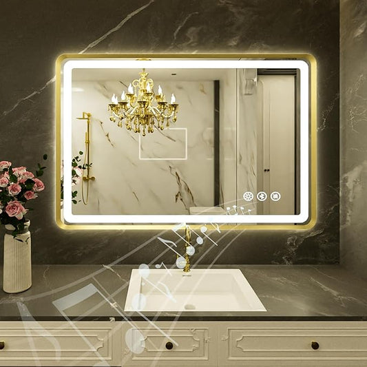 24''x36'' Gold Framed LED Bathroom Mirror with Lights, Built-in Bluetooth Speaker, Dimmable Lighted Bathroom Vanity Mirror with 3 Colors, Backlit + Frontlit, Memory Function, Anti-Fog