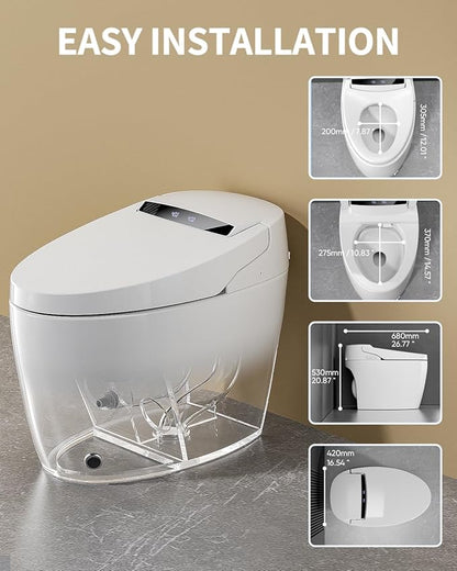 TDH Smart Toilet, Tankless Toilets with Foot Sensor Operation, Heated ToiletSeat with Warm Water Sprayer and Dryer, LED Display with Fahrenheit, Round Toilet Seat