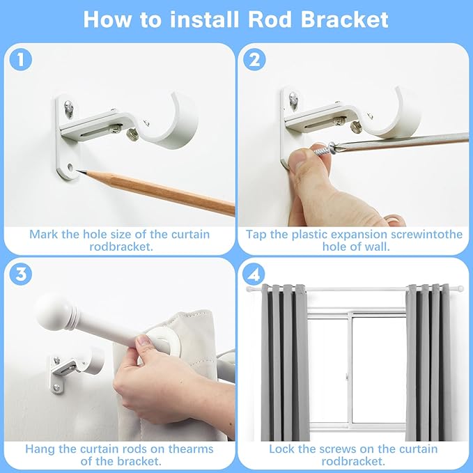 Curtain Rods for Windows 16 to 136 Inches, Curtain Rod Max Adjustable Length of 144 IN, 1" Diameter Drapery Rods Round Finials, White, Pack of 2