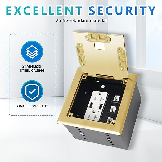KYHSHJ Recessed Flat Hidden Socket Kit with 2 * 20A Receptacle，4.8A*2 USB-A Ports +3-Port RJ45 Datacom Receptacle. Internal Height Adjustable，Corrosive Resistant Hardware,Brass