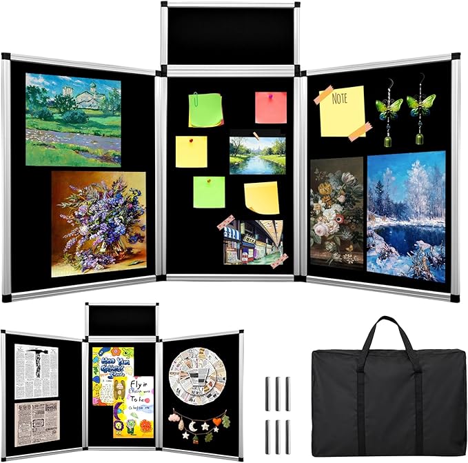 3+1 Panel Double-Sided Black Trifold Display Board with Storage Bag, 72 x 35.4 in Folding Tabletop Trifold Poster Board for School Projects, Vendor Events, Science Fairs