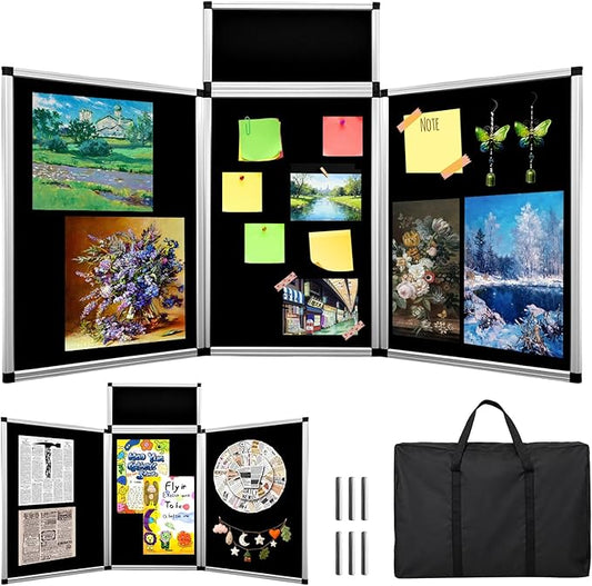3+1 Panel Double-Sided Black Trifold Display Board with Storage Bag, 72 x 35.4 in Folding Tabletop Trifold Poster Board for School Projects, Vendor Events, Science Fairs