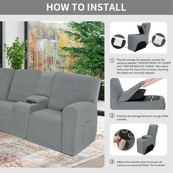 Easy-Going 100% Waterproof Recliner Console Cover, Stretch Middle Console Couch Covers for Reclining Sofas, Sectional L-Shape Furniture Protector for Kids & Pets, 1 Console Cover, Light Gray