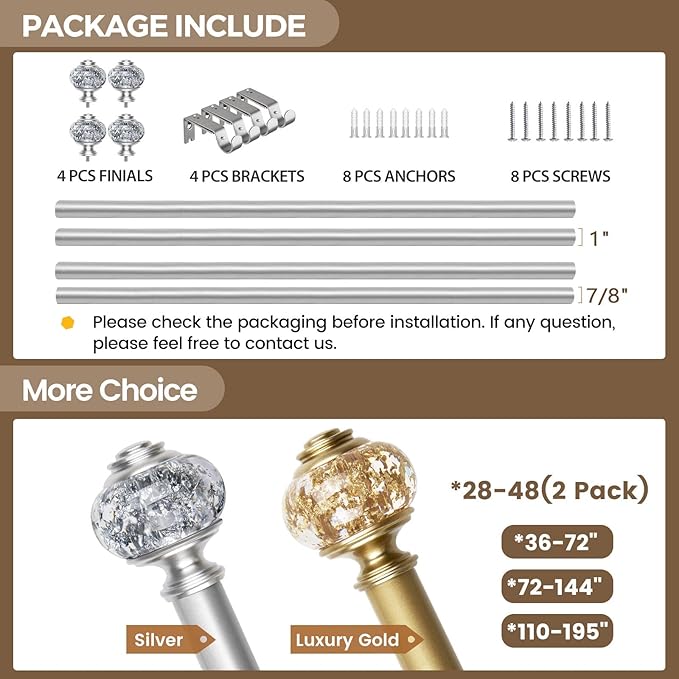 2 Pack Curtain Rods, 1 Inch Telescoping Drapery Rod 28 to 48 inch (2.3 to 4ft), USFOOK Curtain Rods for Windows 16 to 44 Inches, Silver Translucent Finials