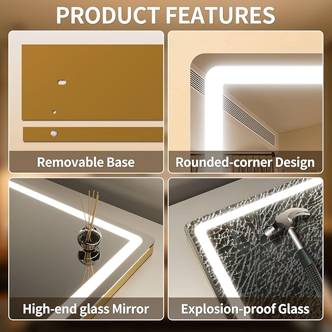 ROLOVE Vanity Mirror with Lights 23x18 Inch, Gold Lighted Makeup Mirror, 3 Color Modes, Smart Touch Dimming, Large Vanity Mirror for Desk, Bathroom, Wall