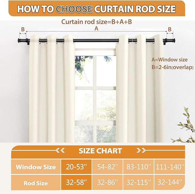 TONIAL Curtain Rod 32 to 58 Inch(2.6-4.8ft), Telescoping Splicing 3/4 Drapery Rods for Windows 20 to 53 Inch(1.7-4.4ft), Decorative Single Rod with Small Cap Finial, Black