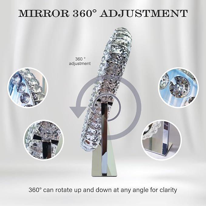 Hollywood Oval Crystal Vanity Mirror with Lights 3 Color Dimmable Large Oval Crystal Lighted Makeup Mirror for Tabletop Desk Vanity Mirror with Lights 360°Rotation Smart Crystal Oval LED Makeup Mirror