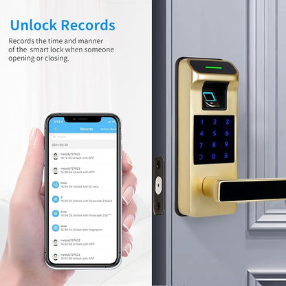 Harfo Fingerprint Door Lock, Heavy Duty Full APP Control Touchscreen Keypad Keyless Lock with Reversible Handle, Perfect for Home/Office/Bedroom Doors (Gold)
