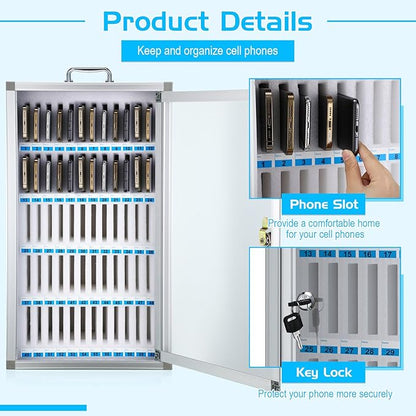 Amylove 60 Slots Cell Phone Locker Cabinet Aluminum Alloy Pocket Chart Storage Locker Box Cabinet Wall-Mounted Cell Phones Storage Box with Handle for Office Classroom Gym (White)