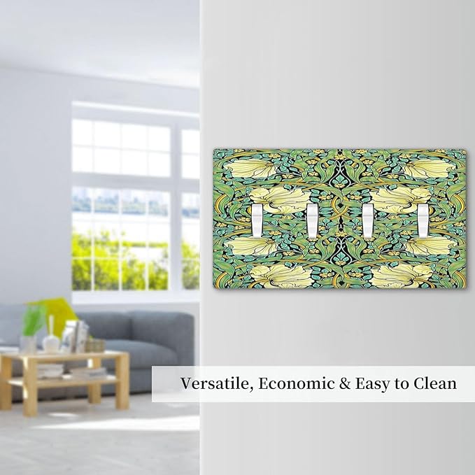 Light Switch Covers William Morris Vintage Floral Yellow Flowers Green Leaf Quad Toggle Electrical Faceplate 4 Gang Wall Plate Decorative Switch Plates for Bedroom living Room Decor