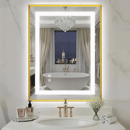 24X32 Inch LED Bathroom Mirror with Lights, Gold Frame Frontlit+ Backlit Bathroom Vanity Mirror for Wall, Ultra-Clear Tempered Glass, Shatter-Proof, Anti-Fog and Memory Function, ETL Listed