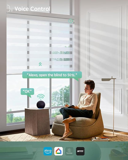 Yoolax Motorized Blinds with Remote, Electric Zebra Blinds for Indoor Windows, Room Darkening Smart Shades with Voice Control, Compatible with Alexa Google Home, APP Control, 34" W x 72" H, White