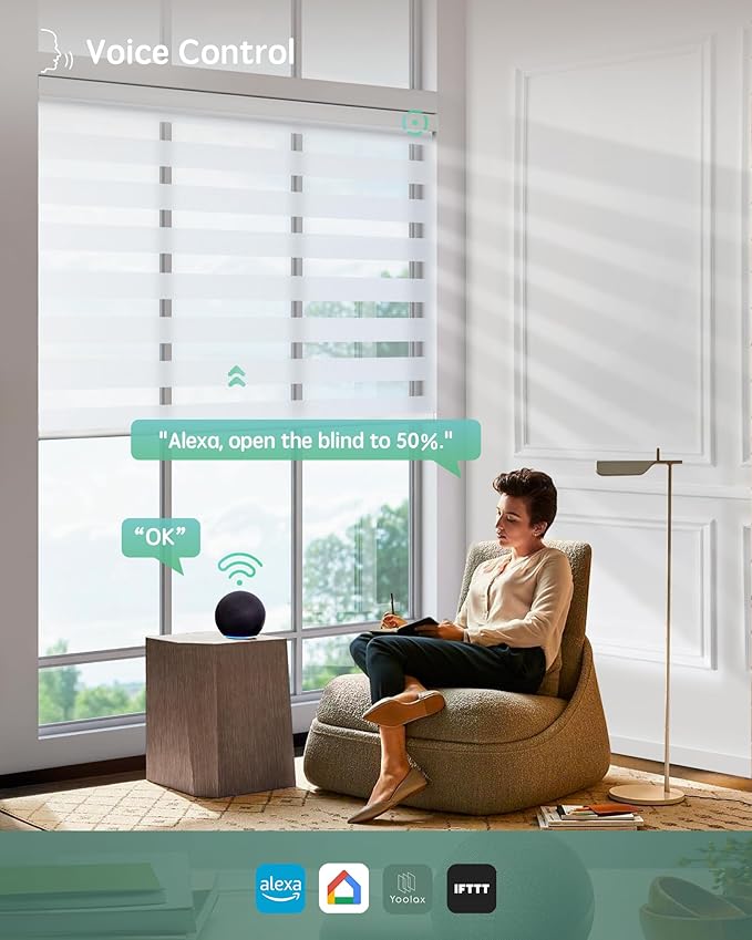 Yoolax Motorized Blinds with Remote, Electric Zebra Blinds for Indoor Windows, Room Darkening Smart Shades with Voice Control, Compatible with Alexa Google Home, APP Control, 40" W x 72" H, White