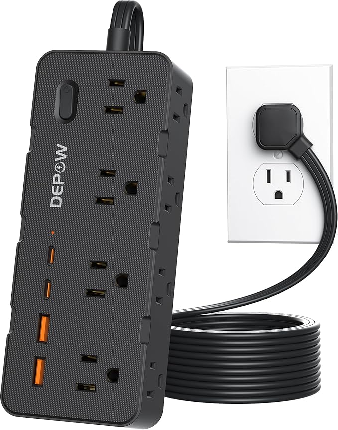 Power Strips with Surge Protection, 5FT Extension Cord with Multiple Outlets-8 AC Outlets 4 USB Ports (2 USB C), Flag Plug, 1700 Joule Surge Protector for Home Office, Black
