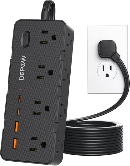 Power Strips with Surge Protection, 5FT Extension Cord with Multiple Outlets-8 AC Outlets 4 USB Ports (2 USB C), Flag Plug, 1700 Joule Surge Protector for Home Office, Black