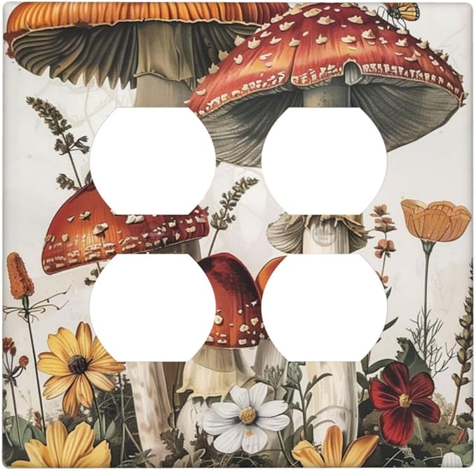 Outlet Covers Mushroom Forest Butterfly Wild Flower 2 Gang Double Duplex Decorative Light Switch Covers Electrical Wallplates Socket Faceplate For Bed Room Living Room Decor