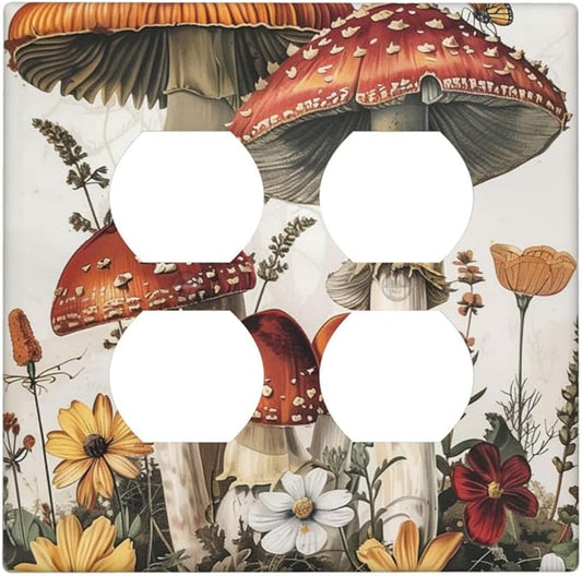 Outlet Covers Mushroom Forest Butterfly Wild Flower 2 Gang Double Duplex Decorative Light Switch Covers Electrical Wallplates Socket Faceplate For Bed Room Living Room Decor