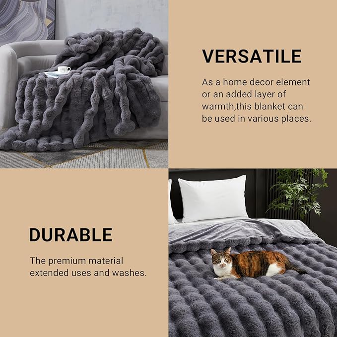 SAPHREAS Faux Fur Throw Blanket for Couch, Fluffy Fuzzy Bubble Blanket for Sofa Bed Living Room, Grey Decor Soft Cozy Gifts for Women Men, 60x80” Gray