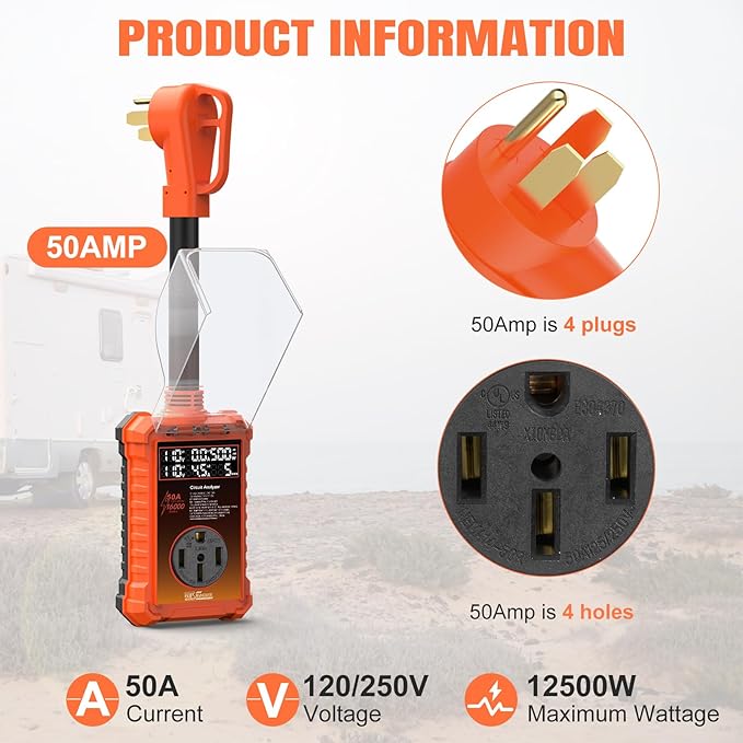 50 Amp RV Surge Protector 16,000J with Smart LED Display & Real-Time Voltage/Current/KWH Monitoring, Auto Shutoff/Reset, High/Low Voltage, Waterproof, Circuit Analyzer, Clear Error Codes for Campers