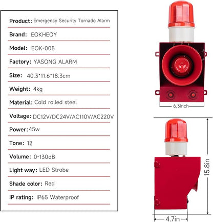 Industrial Siren Alarm 130dB Loud Horn 45watt Adjustable Volume and Tone Outdoor Emergency Strobe Security Alarm System with Plug for Factory, Warehouse, School, Office, Shipyard AC110V-120V