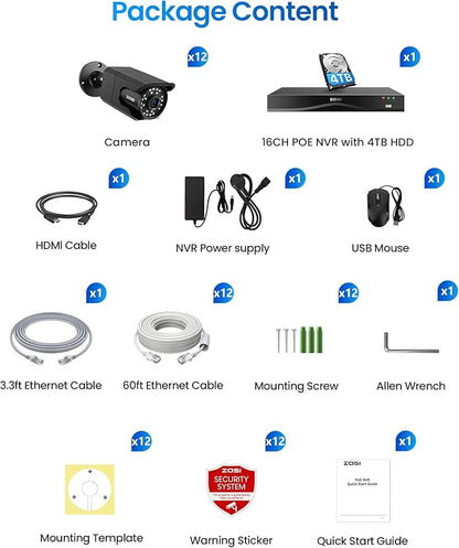 ZOSI 4K 16CH PoE NVR Security Camera System, 12 x 8MP PoE IP Camera Outdoor Indoor with AI Human Vehicle Detection, Night Vision, IP66 Weatherproof, 4K 16CH NVR with 4TB HDD for 24/7 Recording