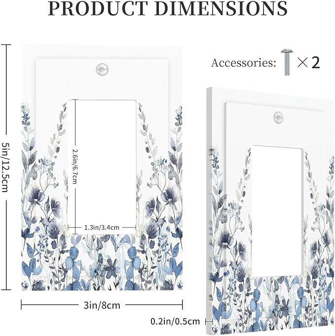 Decorative Outlet Covers Light Blue Watercolor Leaves Plant With Floral 1 Gang Single Rocker Light Switch Cover Plate Wall Plates GFCI Faceplate for Bedroom Bathroom Decor