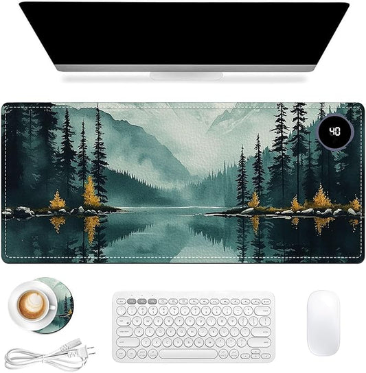 Heated Mouse Pad 31.5x13 in 3-Temp Fast Heating Desk Mat with Auto Timer Warmer for Hands Wrist Pain Relief Waterproof Keyboard Mat for Office, Gaming, Home, Forest Reflections